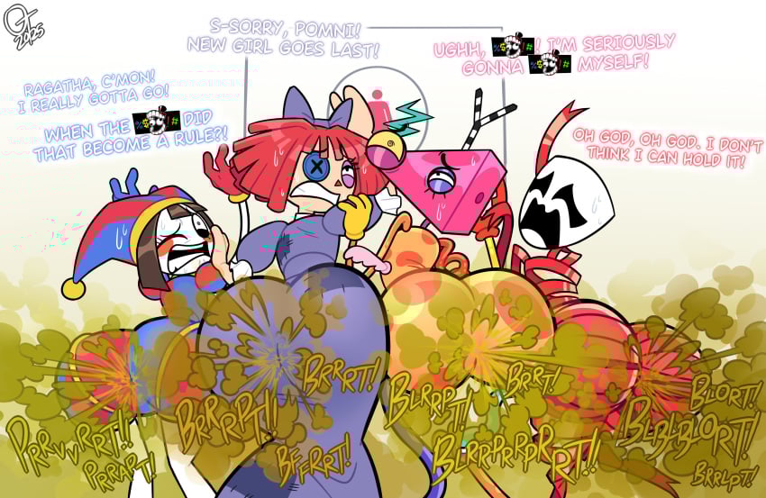 3girls ass bald big_ass big_butt black_eyes bow brown_hair butt censor_bar fart fart_cloud fart_fetish farting fat_ass fat_butt female fully_clothed gangle_(the_amazing_digital_circus) glitch_productions hat huge_ass huge_butt jester jester_hat oddtenn one_eye_closed pomni_(the_amazing_digital_circus) queer ragatha_(the_amazing_digital_circus) red_hair sweating text the_amazing_digital_circus thick_ass thick_butt yellow_eyes zooble_(the_amazing_digital_circus)