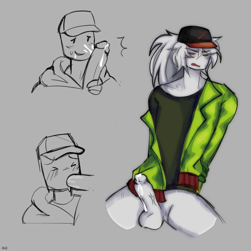 annoyed_expression block_tales cock cock_worship cum_on_face erect_penis griefer_(block_tales) half_naked holding_penis oral_penetration oral_sex penis player_(block_tales) precum roblox roblox_game throat_fuck