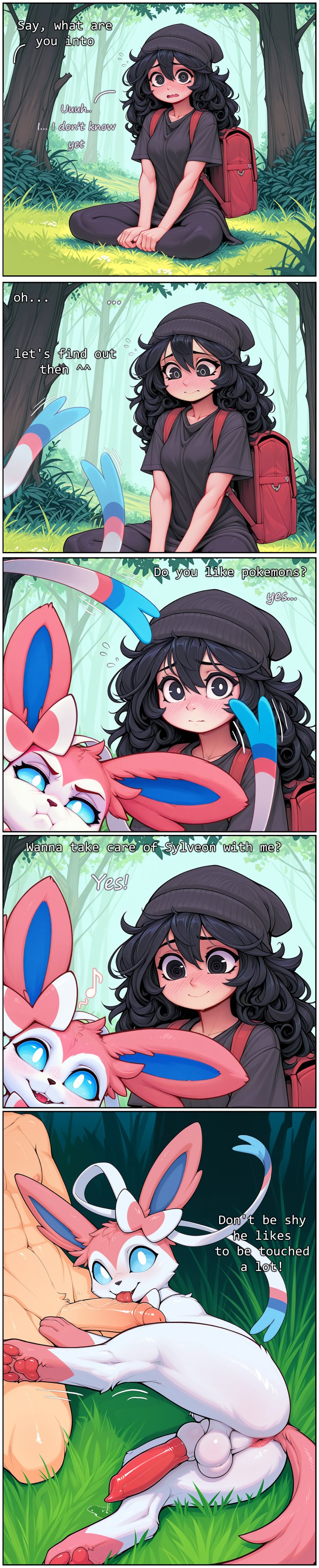 absurd_res ai_assisted ai_generated animal_genitalia animal_penis anthro anus ass balls blush canine_genitalia canine_penis comic dialogue eeveelution female feral flustered foreskin generation_6_pokemon genitals group hi_res human human_on_anthro human_on_feral humanoid_genitalia humanoid_penis interspecies knot knot_in_sheath licking long_image lying male male/female male/male male_on_anthro male_on_human mammal nintendo nonimousmate nude oral outdoor_nudity outside pawpads penile penis penis_lick pokemon pokemon_(species) pouting presenting presenting_hindquarters puffed_cheeks ribbons_(anatomy) sex sheath shy sylveon tall_image tania_(nonimousmate) tongue tongue_out trio zoophilia