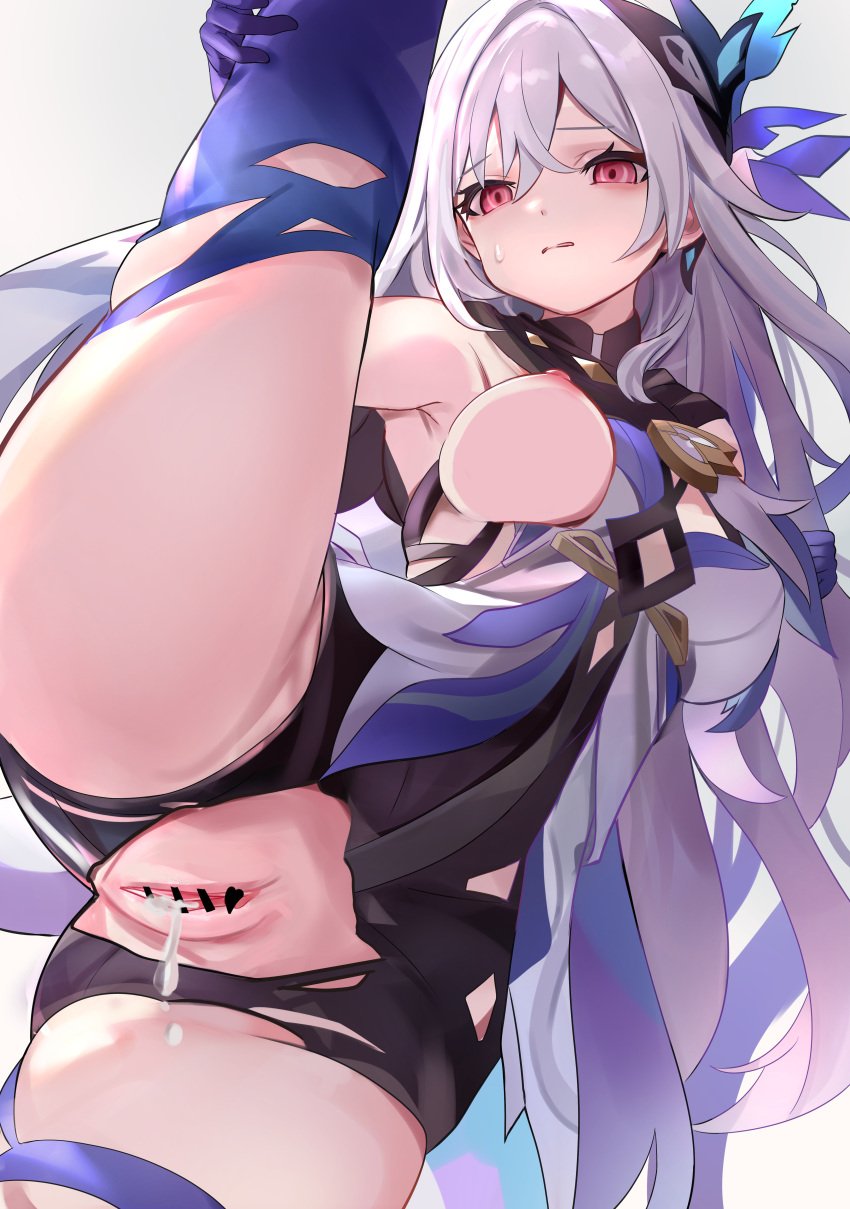 breasts ear eyes female genshin_impact girl hair lips nipples nose skirk_(genshin_impact)