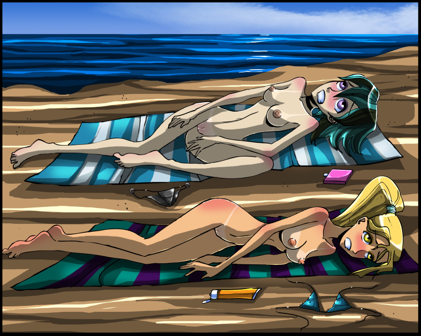 2girls aroberts beach blonde_hair bottle breasts bridgette_(tdi) corpse dead death execution green_hair gwen_(tdi) humiliation killer_lotion lotion nipples nude pussy sunbathing sunscreen tan_lines total_drama_island towel