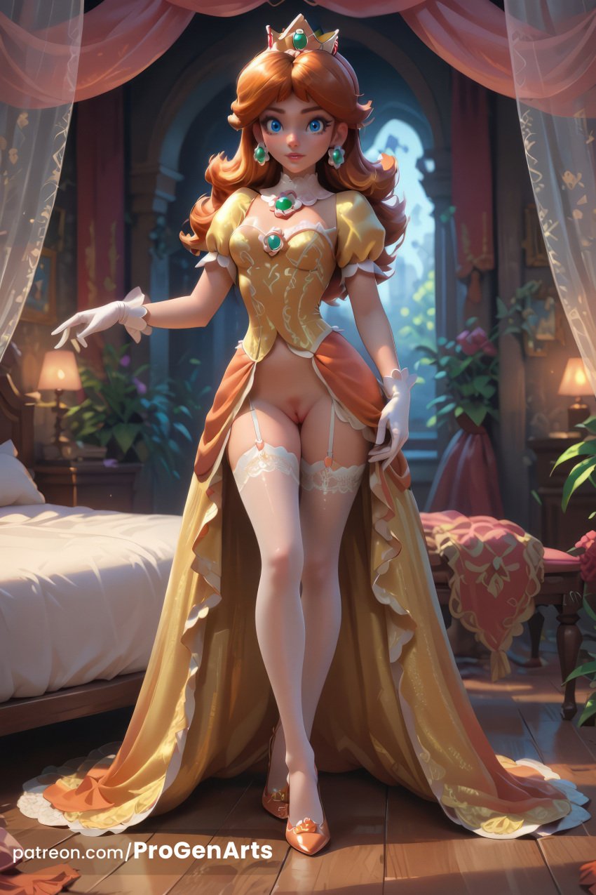 1girls ai_generated artist_name bed bedroom blue_eyes breasts brooch brown_hair crown curtains detached_collar dress earrings female female_pubic_hair flipped_hair flower flower_earrings frilled_gloves full_body garter_straps gem gloves hi_res high_heels indoors jewelry lamp lips long_dress long_hair looking_at_viewer mario_(series) medium_breasts nintendo no_panties orange_dress orange_footwear parted_bangs parted_lips patreon_username pillow princess princess_daisy progenarts pubic_hair puffy_short_sleeves puffy_sleeves pussy short_sleeves showgirl_skirt smile solo standing super_mario_bros. thighhighs uncensored web_address white_gloves white_thighhighs window wooden_floor yellow_dress