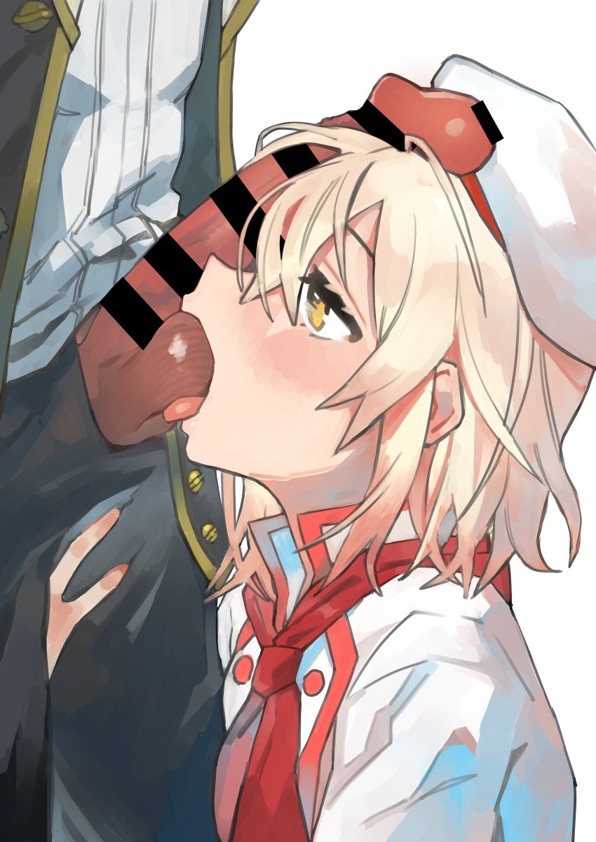 1boy absurdres alice_(egocentric_patissiere)_(tales) alice_(tales) bar_censor blonde_hair blush censored commission female grabbing_another&#039;s_thighs hat highres male mogamiya_honu official_alternate_costume oral pants penis penis_on_face regal_bryan short_hair straight tales_of_(series) tales_of_symphonia tales_of_symphonia_knight_of_ratatosk tales_of_the_rays testicle_sucking tongue tongue_out white_background yellow_eyes
