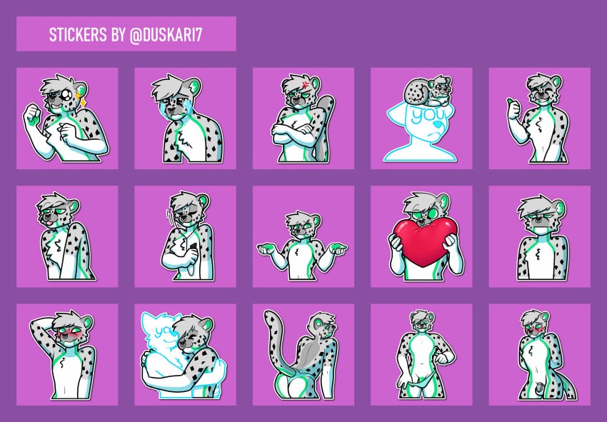 absurd_res annoyed ass blush blush_lines bodily_fluids chastity_cage chastity_device crying duskari7 gesture hand_gesture heart_symbol hi_res holding_heart hug listening_to_music loaf penis_peek presenting presenting_hindquarters sticker_pack tears thumbs_up tongue tongue_out