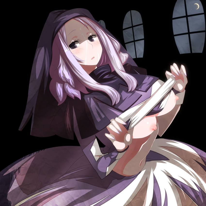 1girls adapted_costume blue_eyes breasts breasts_out crescent_moon cum facial female flashing highres hood ichirin_kumoi kasuteru long_hair moon navel nipples nun open_mouth purple_hair shirt_lift skirt solo touhou veil window