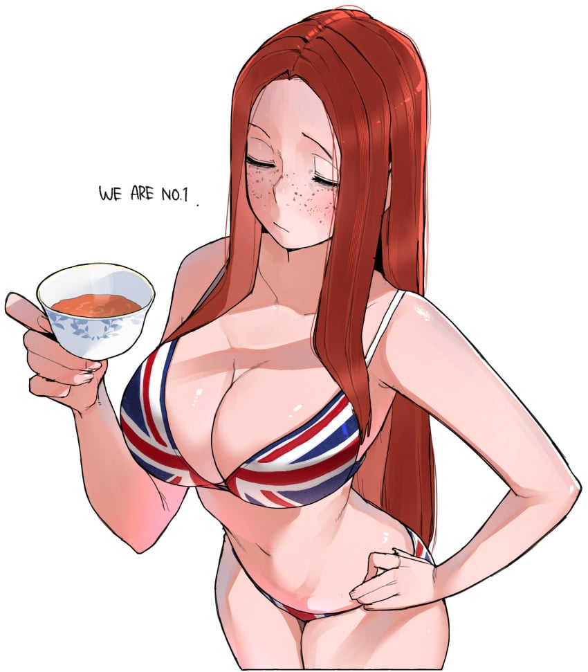 1girls big_breasts bikini breasts brown_hair busty cleavage closed_eyes closed_mouth collarbone cowboy_shot cup english_text female female_only flag_print flag_print_bikini forehead freckles hair hand_on_hip hand_up highres holding holding_cup large_breasts legs light_skin long_hair navel neutral_expression ohasi original parted_bangs pose posing print_bikini sassy sensual sexy sexy_pose sidelocks solo straight_hair swimsuit symbol-only_commentary tea tea_cup teacup thighs union_jack_bikini united_kingdom_(ohasi) voluptuous white_background