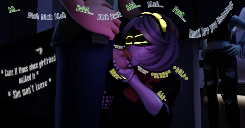 3d_(artwork) anon_(snoot_game) armac104 blender_(software) blowjob blowjob_under_desk cheating cuckquean english_text fang_(gvh) human_on_robot long_tongue male/female murder_drones murder_drones_x_humans orgasm_from_oral small_penis_adoration tongue_around_penis v_(bysamzan) v_(murder_drones)