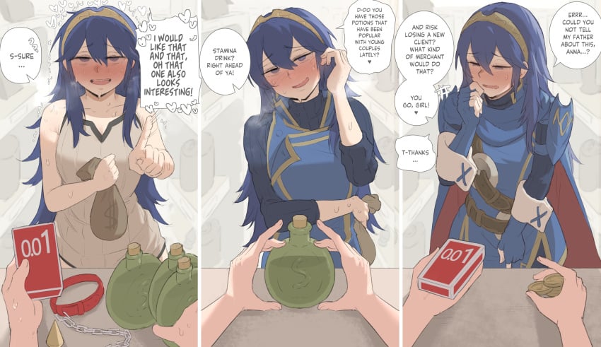 1girls anna_(fire_emblem) blue_hair comic dialogue ebinku embarrassed female_pov fire_emblem fire_emblem_awakening long_hair lucina_(fire_emblem) nintendo pov sweat sweating text