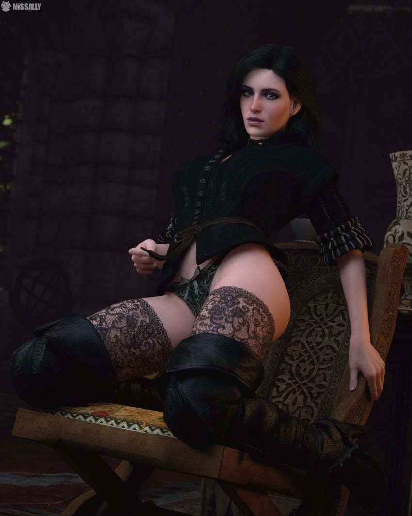 3d ass black_hair cd_projekt_red female high_heel_boots light-skinned_female looking_at_viewer mascara missally panties purple_eyes solo solo_female stockings the_witcher_(series) the_witcher_3:_wild_hunt yennefer