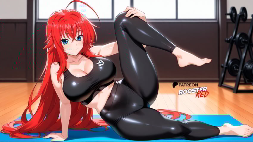 ai_generated barefoot blue_eyes boosterred99 full_body fully_clothed gym high_school_dxd illustrious_(stable_diffusion) large_breasts navel pants pony_diffusion_xl red_hair rias_gremory seductive_smile thighs yoga_mat yoga_pants yoga_pose