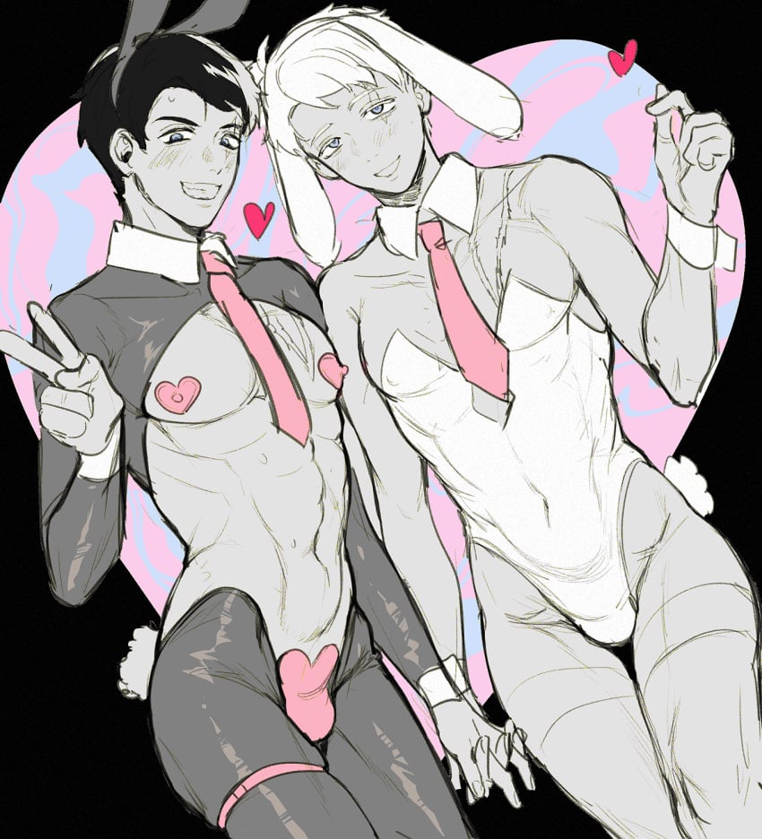 2boys alternate_costume black_hair blush bulge bunny_ears bunny_tail bunnysuit clone crossdressing dual_persona facial_scar gegege_no_kitarou grin heart_pasties kitarou_tanjou_gegege_no_nazo leotard looking_at_viewer male male_only male_playboy_bunny masculine_crossdresser mizuki_(gegege_no_kitarou) necktie official_alternate_hair_color pasties restricted_palette reverse_bunnysuit scar scar_across_eye smile tamamako_2 toned toned_male v_sign white_hair