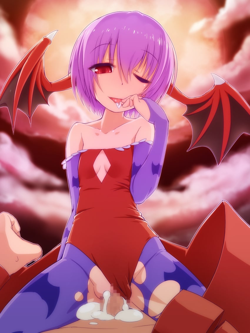 1boy bare_shoulders bat_print bat_wings breasts bridal_gauntlets censored cleavage cleavage_cutout clothed_sex clothing cloud cowgirl_position cum cum_in_pussy darkstalkers demon_girl female flat_chest full_moon girl_on_top head_wings highres leotard leotard_aside lilith_aensland moon mosaic_censoring one_eye_closed pantyhose purple_hair red_eyes sex short_hair solo_focus succubus takeda_yukimura tongue torn_clothes torn_pantyhose wings