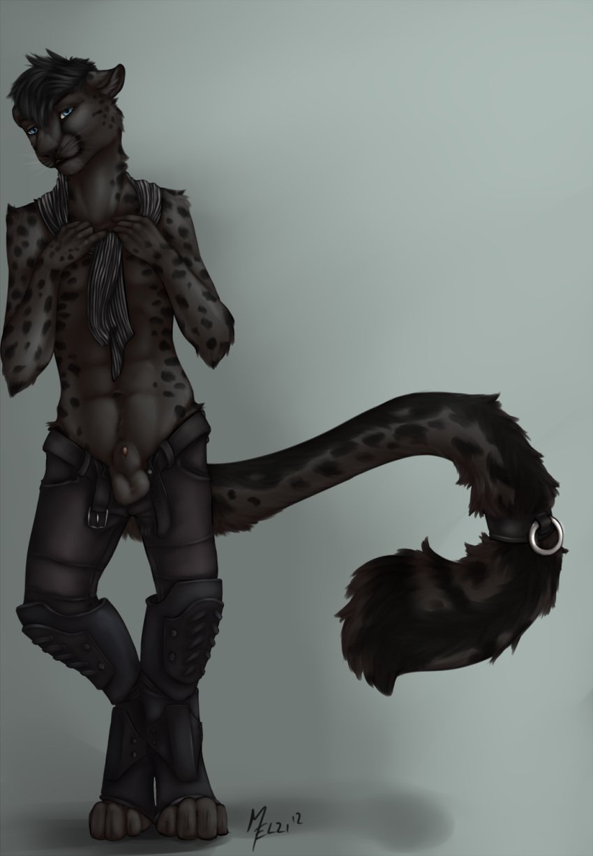 anthro balls cheetah feline fur furry inviting leather male male_only melzi metal scarf sheath solo tikory undressing