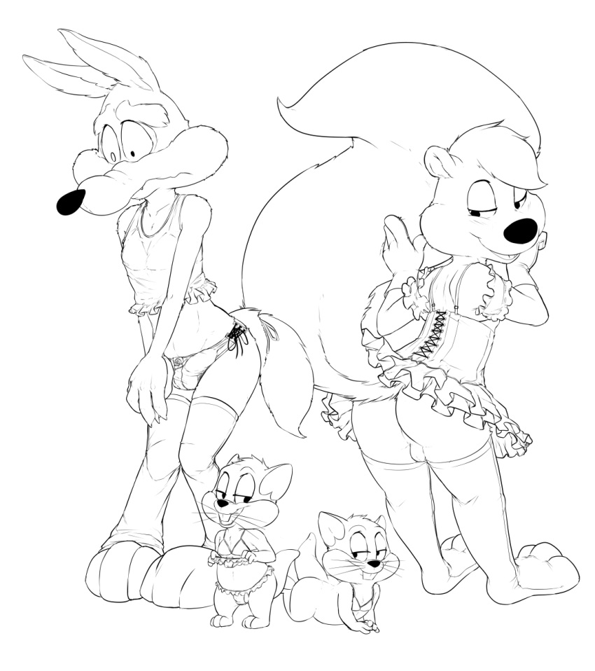 anthro ass bikini canine coyote dress embarrassed erection fur furry girly gloves humiliation lace looney_tunes male_only mouse panties penis pepe_le_pew presenting presenting_hindquarters rodent seth-iova skimpy skunk smooth_fur stockings underwear upskirt warner_brothers wile_e._coyote