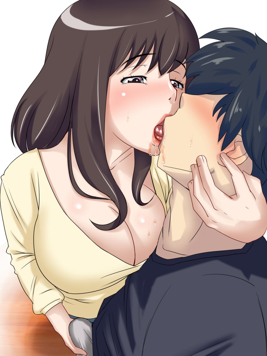 black_hair blush breasts brown_eyes brown_hair cleavage faceless female hair hamasei handjob kissing large_breasts long_hair milf saliva short_hair standing