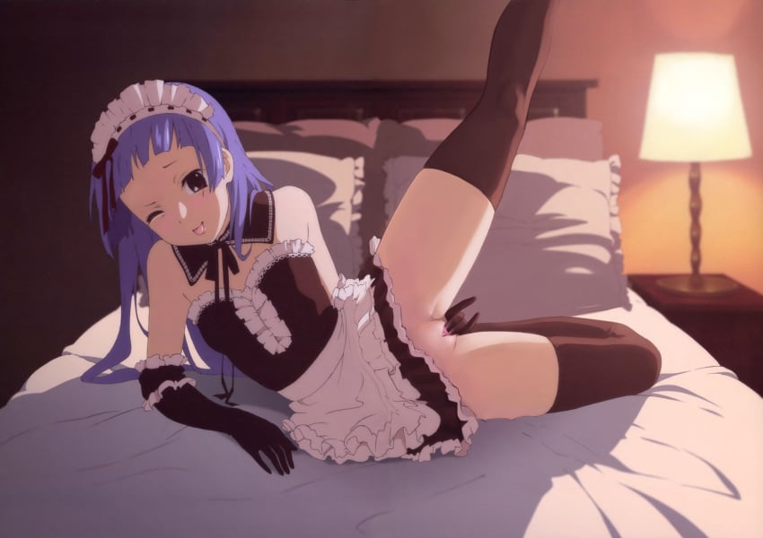 1girls ;p bed clothed_masturbation clothing female female_only highres kannagi lamp maid masturbation nagi no_panties pussy solo stockings tongue wink