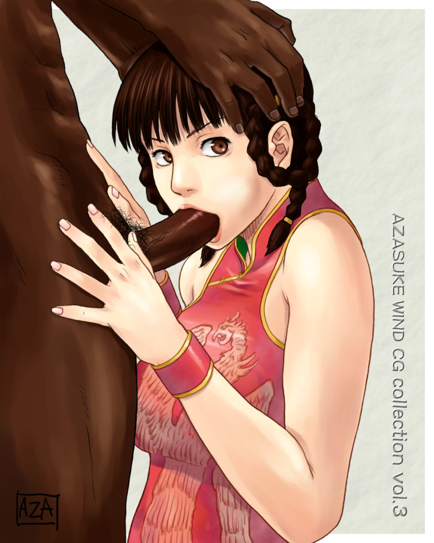 azasuke censored cheek_bulge dark-skinned_male dark_skin dead_or_alive double_bun fellatio female highres human interracial lei_fang male oral straight