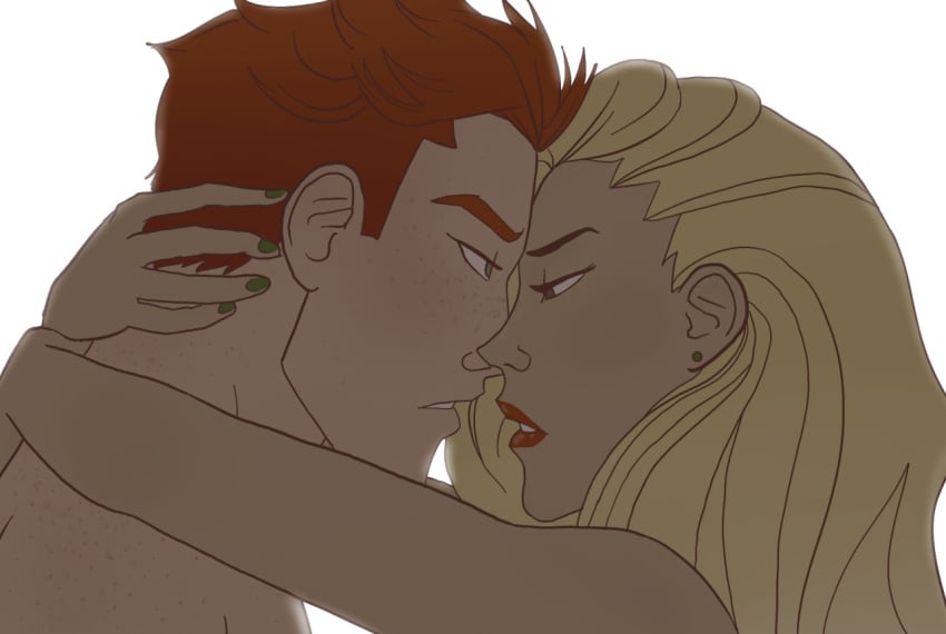 1boy 1girls arms_around_neck artemis_(dc) artemis_crock blonde_female blonde_hair dc dc_comics face-to-face female freckles ginger ginger_hair lipstick male male/female orange_hair romantic straight unknown_artist wally_west young_justice