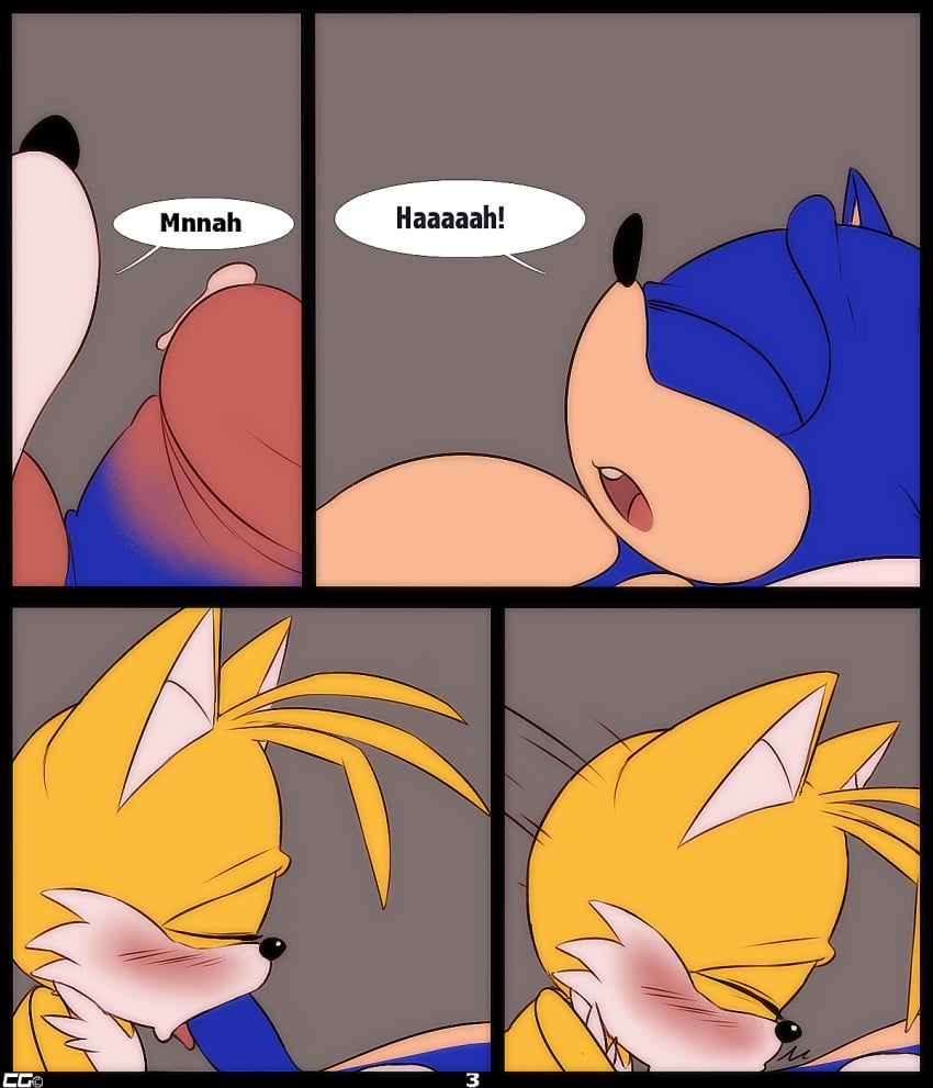 2015 blue_fur blush closed_eyes comic crazedg fellatio fur furry hedgehog licking male male_only mammal multiple_males oral penis precum sex sonic_(series) sonic_the_hedgehog tails text tongue tongue_out yaoi