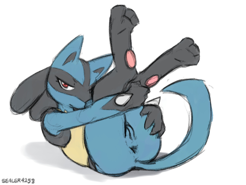 2024 3_toes 4_fingers anthro anus blue_body blue_fur blue_tail feet female female_lucario fingers fur generation_4_pokemon genitals legs_up looking_at_viewer lucario lying nintendo nude on_back pokemon pokemon_(species) pussy red_eyes sealer4258 simple_background solo tail toes white_background