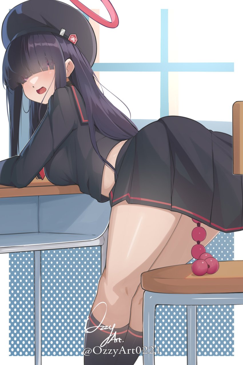 anal_beads ass bent_over black_beret black_hair black_serafuku black_shirt black_skirt black_socks blue_archive blunt_bangs breasts commentary english_commentary faceless faceless_female feet_out_of_frame female halo highres indoors justice_task_force_member_(blue_archive) kneepits long_hair looking_back open_mouth ozzyart_0221 pink_halo pleated_skirt school_uniform serafuku sex_toy shirt signature skirt socks solo twitter_username