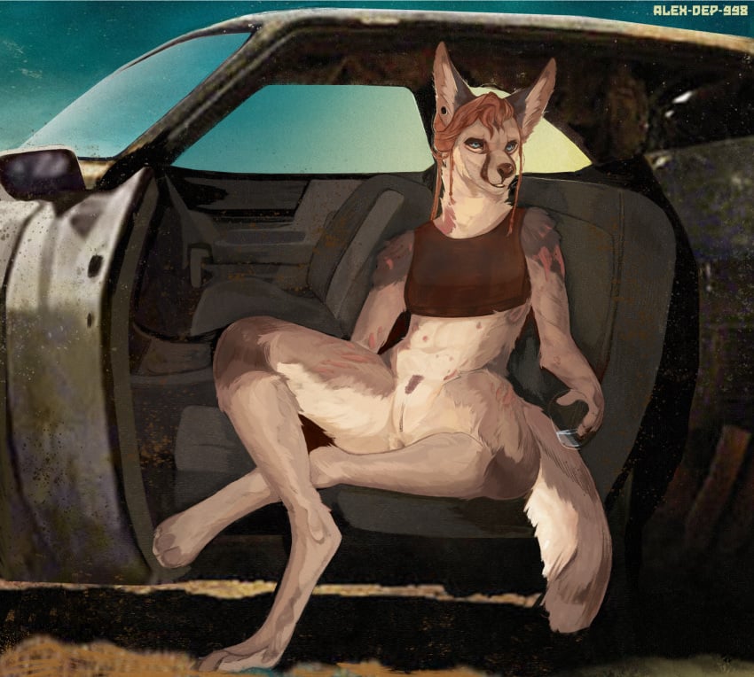 5_fingers alex-dep-998 anthro arm_tuft artist_name blanford's_fox blue_eyes body_hair bottomless bottomless_female brown_hair brown_nose brown_pubes canid canine car clothed clothing container cup digital_media_(artwork) eyebrows female fennec_fox fingers fluffy fox fur fur_markings genitals glare glass glass_container glass_cup grey_body grey_fur hair hi_res long_tail mad_max mammal markings navel pubes public public_nudity scar solo tail topic true_fox tuft vehicle victoria water