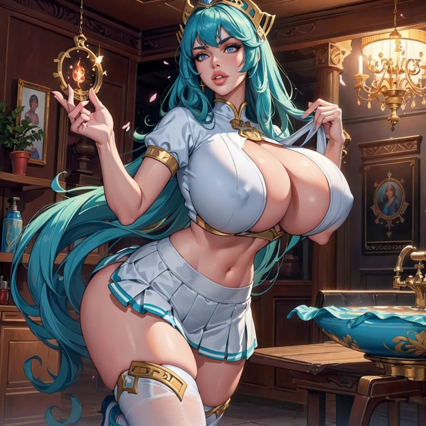 1female 1girls ai ai_generated ai_hands belly_button blue_eyes blue_hair breasts cleavage female female_focus female_only girl_focus girl_only girly large_breasts large_thighs long_hair massive_breasts massive_thighs nipple_bulge nipples nips plump_lips rich_girl short_skirt skimpy skimpy_clothes skimpy_outfit skimpy_skirt thick_thighs thighhighs thighs woman_focus woman_only