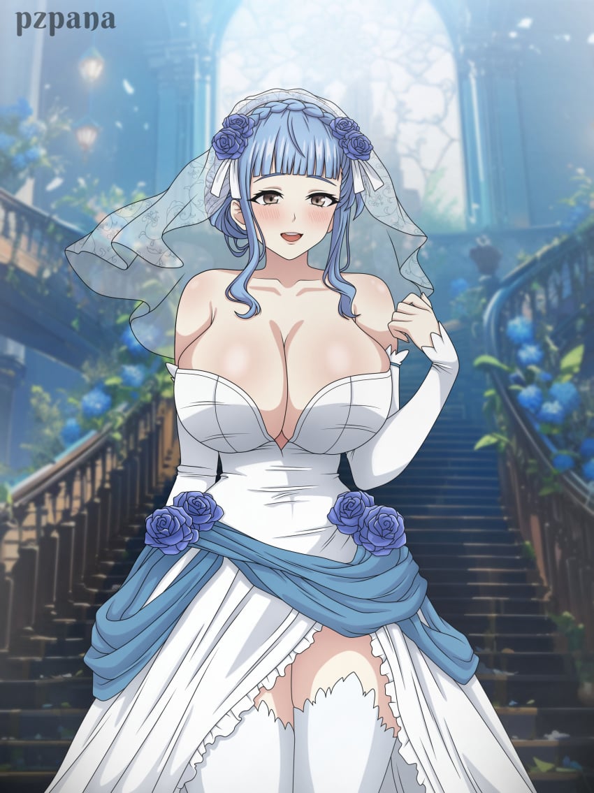 1girls alternate_costume bangs bare_shoulders bare_thighs blue_hair braid breasts bridal_veil bride brown_eyes cleavage collarbone detached_sleeves dress female female_only fire_emblem fire_emblem:_three_houses flower hair_flower huge_breasts indoors light_blue_hair long_sleeves marianne_von_edmund nintendo open_mouth plant pzpana rose see-through short_hair shoulders side_slit sidelocks smile solo stairs thighhighs thighs veil wedding_dress window