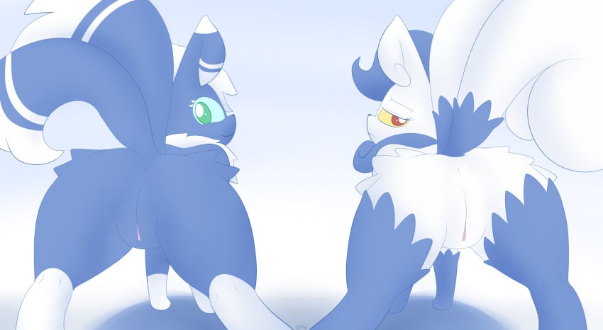 2015 anus ass blue_fur blue_markings duo edit feline female feral fur lamiaaaa looking_at_viewer mammal markings meowstic nintendo pokemon presenting presenting_pussy pussy raised_tail rule_63 video_games white_fur white_markings