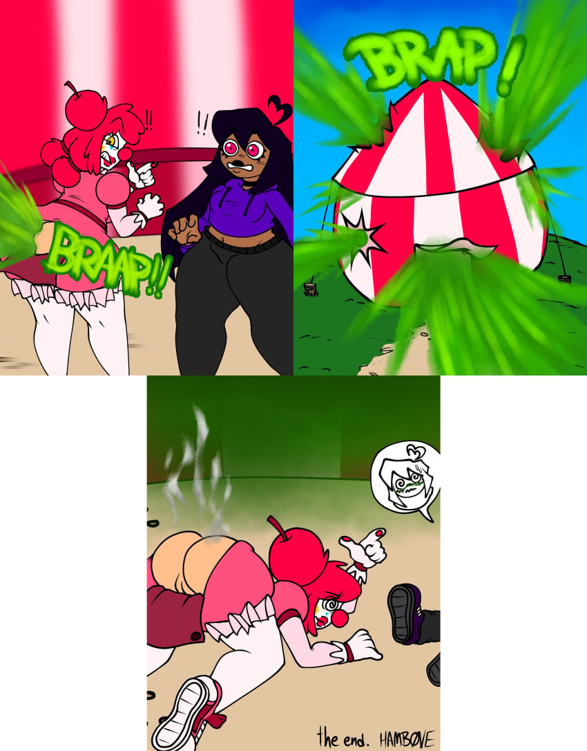 2d 2d_(artwork) 2girls @_@ artist_signature ass bianca_(hamb0ne) breasts cherry_(hamb0ne) circus circus_tent clown clown_girl comic fart fart_cloud fart_everywhere fart_fetish farting farts female female_only hamb0ne hyper_fart multiple_girls oc original_character surprised