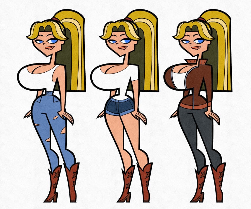 1girls blonde_hair boots breasts cleavage coat huge_breasts jojobrito large_breasts long_hair mother pamela_(total_drama) ponytail shirt solo solo_female thick_thighs total_drama_island white_background wide_hips