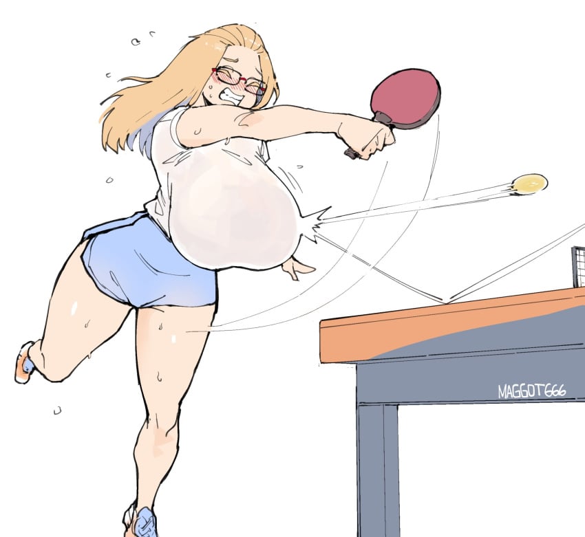 1girls blonde_hair blush blush blush_lines breasts closed_eyes female female_focus female_only funny glasses gym_shorts hips inne_sulistya_robin large_breasts norman_maggot ping_pong ping_pong_ball ping_pong_paddle shoes shorts sneakers struggling sweat sweating table_tennis table_tennis_ball table_tennis_paddle taut_clothes thick_thighs thighs wet_clothes wet_clothing wet_shirt