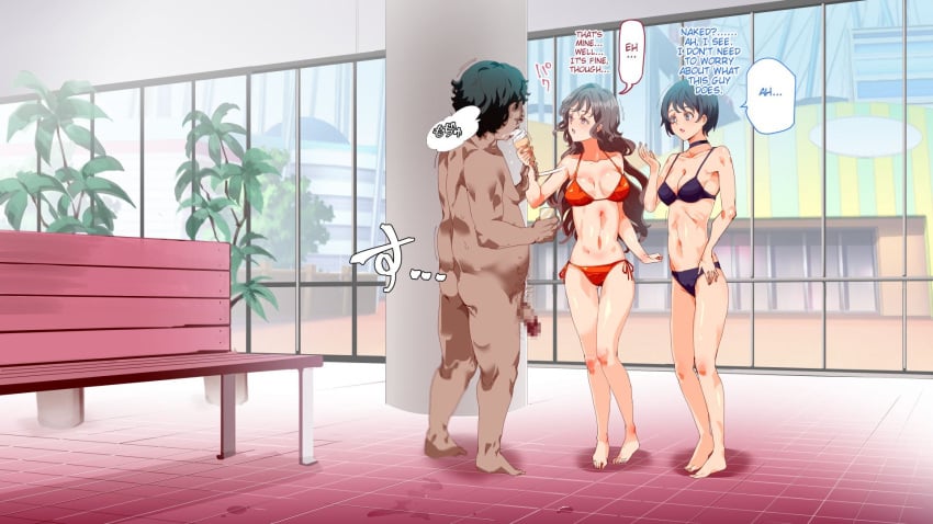 1male 2girls absurd_res absurdres age_difference ahoge altered_common_sense ass ass_visible_through_thighs bare_shoulders barefoot before_rape before_sex black_eyes black_hair blush brown_hair censored censored_penis change_in_common_sense choker cleavage clothed_female_nude_male collarbone common_sense_change deflowering degradation dialogue eating_ice_cream emotionless emotionless_female empty_eyes erection femsub hard_translated hypnosis ice_cream imminent_oral imminent_rape indoor_pool large_breasts long_hair maledom mind_control mukanshin_pool nude_male_clothed_female nyuu_(manekin-eko) old_man older_male_younger_female purple_bikini red_bikini red_eyes sexual_harassment short_hair speech_bubble stealing_food text thought_bubble translated ugly_bastard ugly_man unamused unaware unaware_hypnosis uncaring