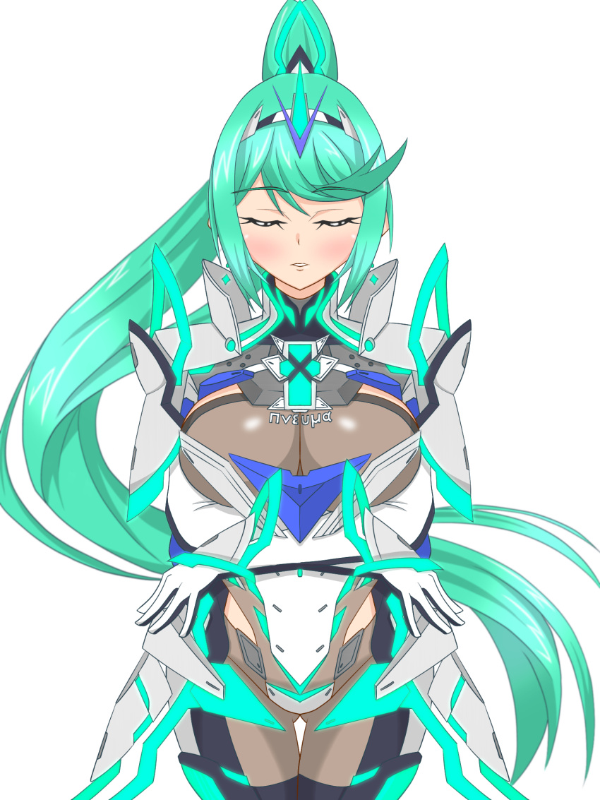 1girls big_breasts cleavage closed_eyes clothed core_crystal green_hair hata_(pixiv10403940) nintendo pin_up pneuma_(xenoblade) ponytail xenoblade_(series) xenoblade_chronicles_2