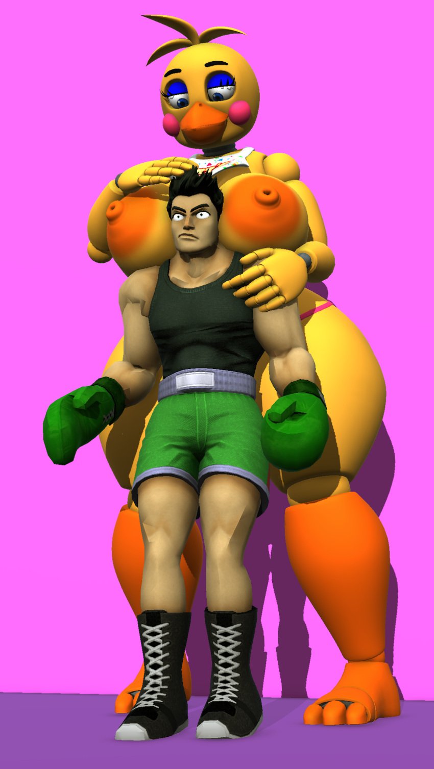 1boy 1girls 3d absurdres areolae beak big_breasts bird boxers boxing_gloves breasts crossover eastern_and_western_character female five_nights_at_freddy&#039;s five_nights_at_freddy&#039;s_2 furry furry_female horn human little_mac male muscular muscular_male nintendo nude nude_female punch_out pussy seductive seductive_eyes seductive_look surprised surprised_expression toy_chica_(fnaf)