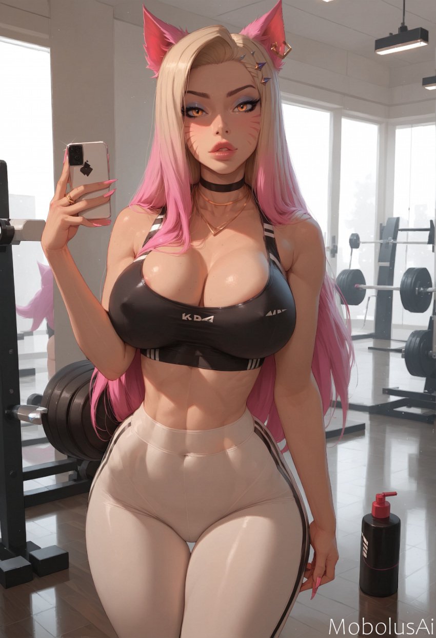 1girls ahri ai_generated ass breasts female girl gym gym_uniform k/da_ahri k/da_series league_of_legends leggings looking_at_viewer mobolusai selfie spandex