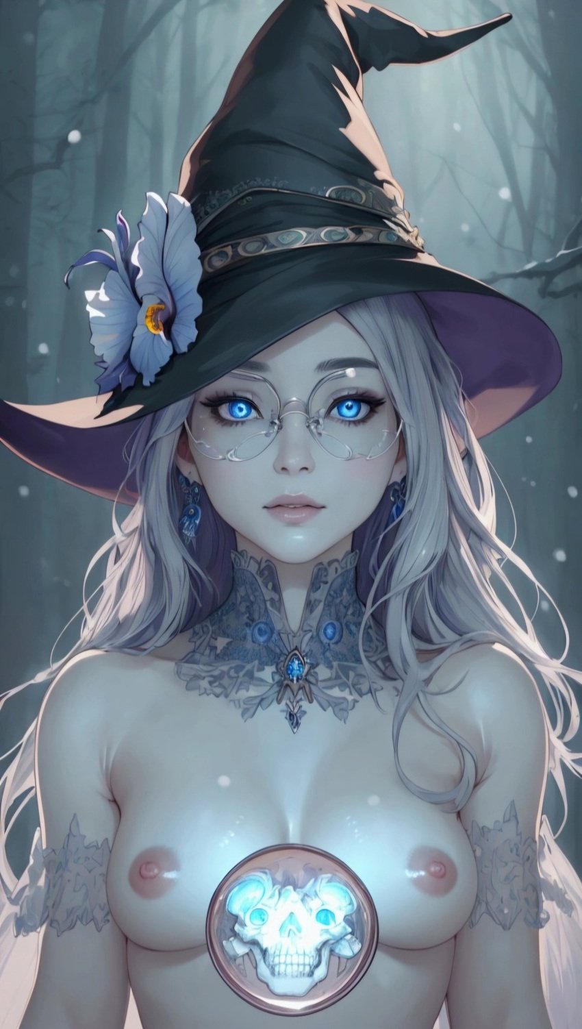 ai ai_generated areola areolae blue_eyes blue_skull bright_eyes cold female female_focus female_only flower flower_on_hat flower_on_head fog foggy foggy_background foggy_forest forest frost girl girl_focus girl_only glasses glasses_on_face glowing glowing_eyes glowing_jewelry glowing_skull hat lace lace_neckwear naked naked_female naked_girl naked_woman neckwear nipples pale-skinned_female pale_blue_hair pale_body pale_skin pale_skinned_female pink_lips skull skull_accessory small_breasts snow white_armwear winter witch witch_costume witch_hat witchy woman_focus woman_only