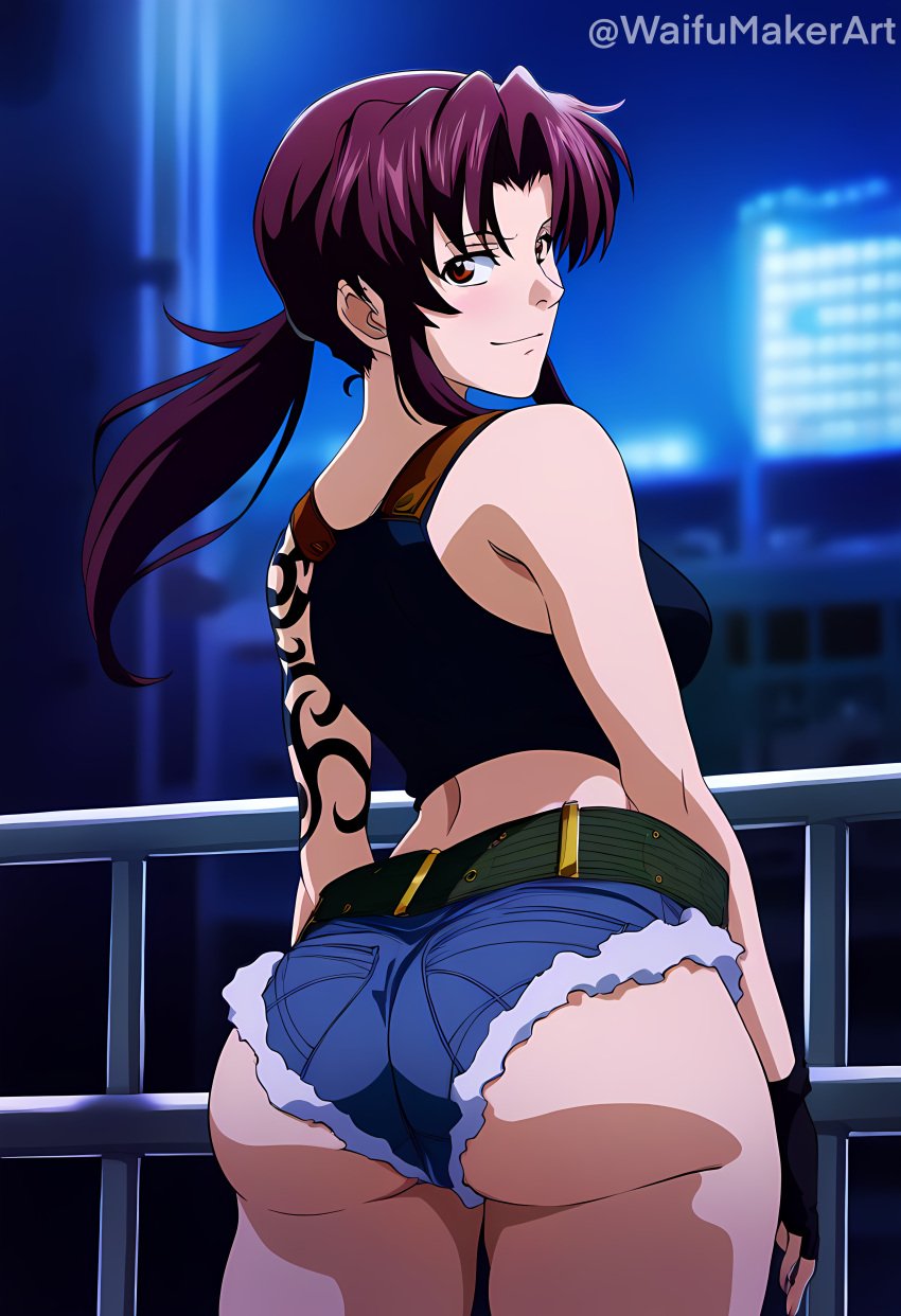 ai_generated ass black_lagoon female_only hi_res high_resolution highres huge_ass looking_at_viewer looking_back night pinup revy short_shorts tattoo waifumakerart