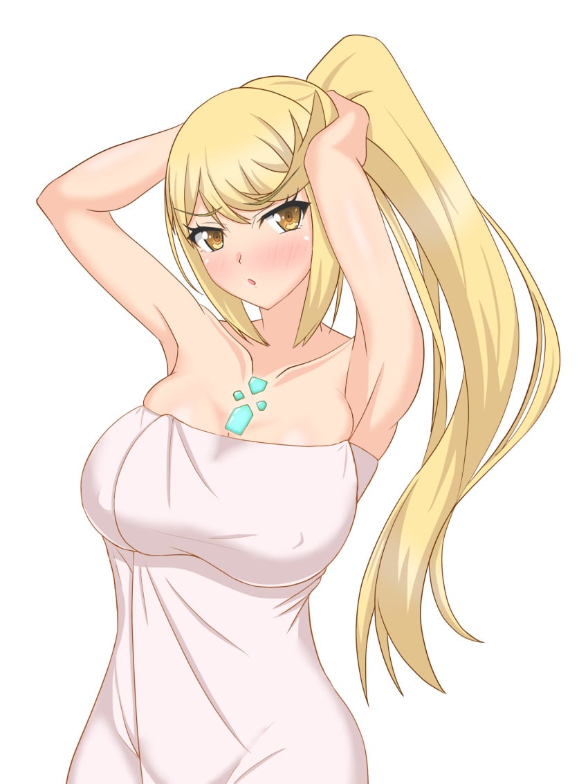 1girls blonde_hair core_crystal hata_(pixiv10403940) mythra naked_towel nintendo pin_up ponytail towel xenoblade_(series) xenoblade_chronicles_2 yellow_eyes