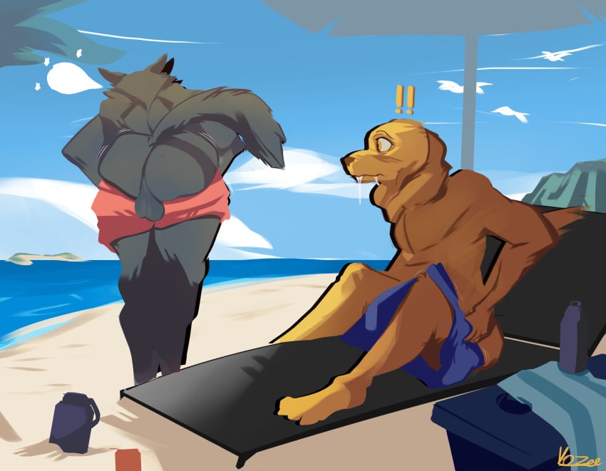 absurd_res anthro ass balls beach beastars big_butt bird_dog bodily_fluids canid canine canis clothed clothing digital_media_(artwork) domestic_dog drooling duo fur gay genitals hair hi_res hunting_dog jack_(beastars) labrador legoshi_(beastars) male male/male mammal outside partially_clothed retriever saliva seaside shocked simple_background sky stare swimming_trunks swimwear tail taking_off_pants undressing wolf yo_zee