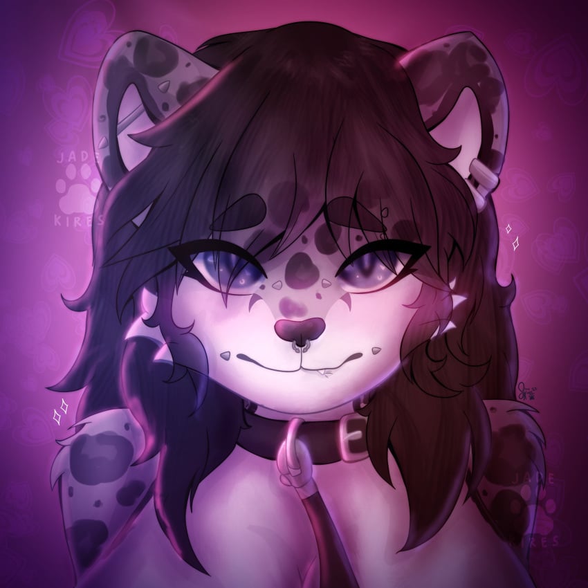 anthro big_breasts bite biting_lip black_hair blue_eyes blush breasts collar felid female hair hi_res jadekires leash mammal pantherine piercing snow_leopard solo