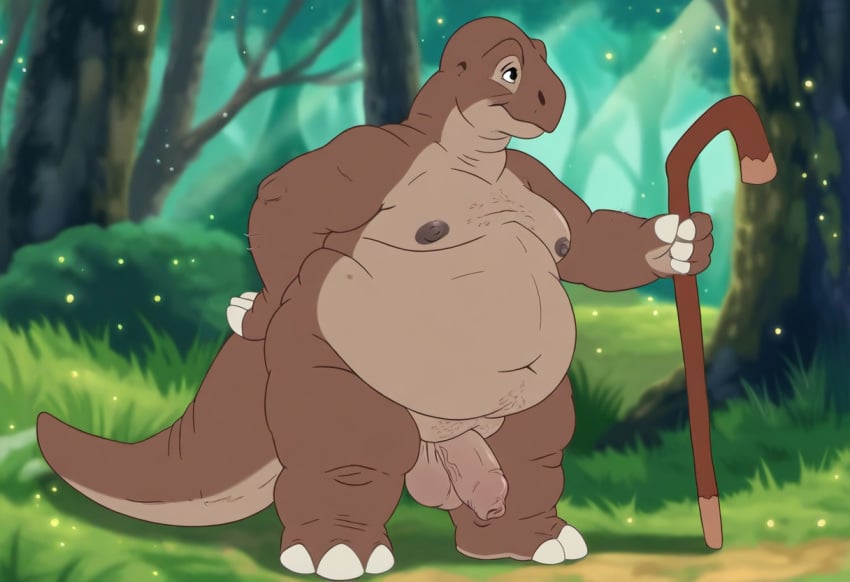 aged_up ai_generated cane don_bluth elderly elderly_male hand_behind_back holding_object littlefoot nipples nude outside overweight penis saggy_belly the_land_before_time