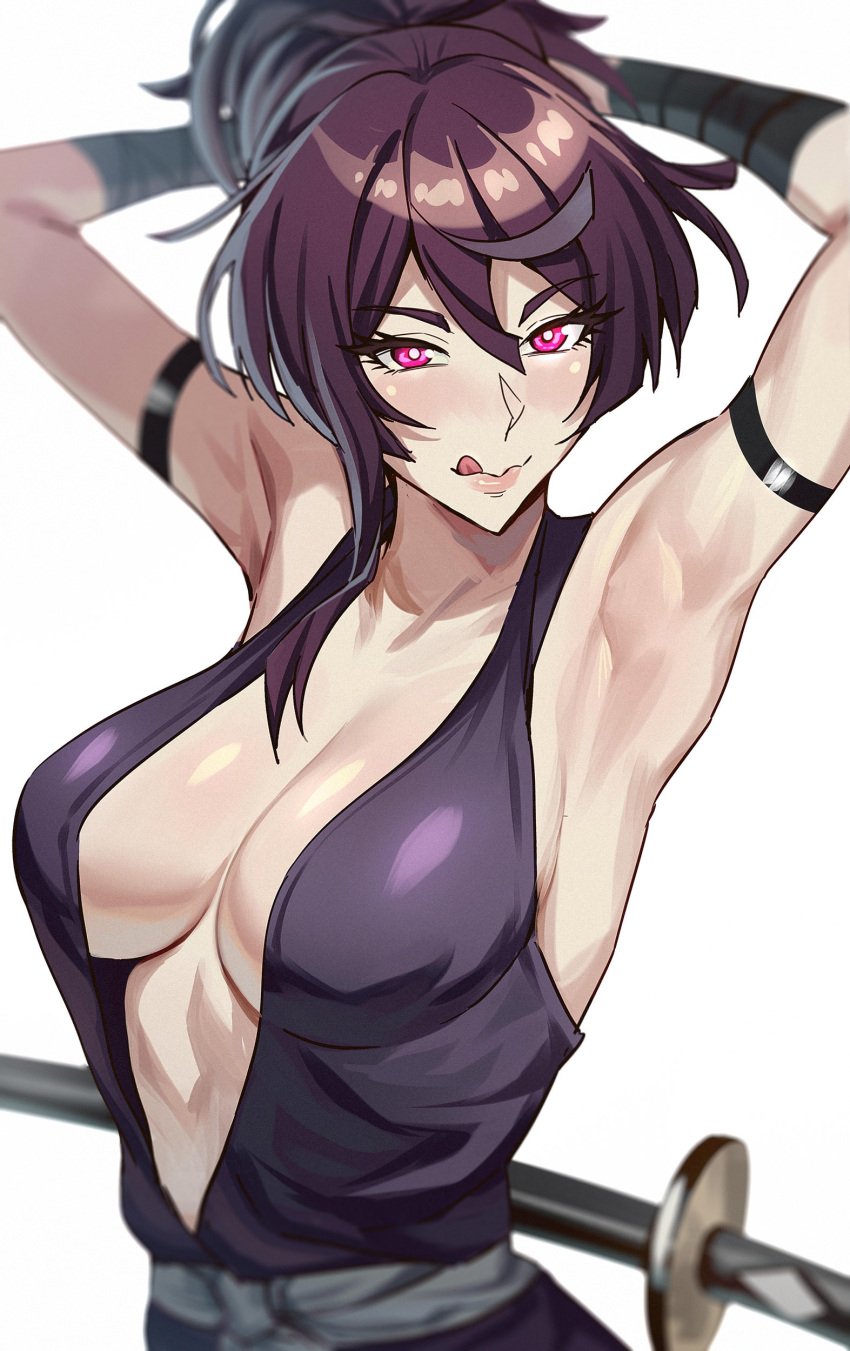 1female 1girls 2024 2d arm_wraps armband armpits big_breasts breasts cleavage clothed clothed_female clothing female female_only horny_female human human_female human_only jigokuraku kunoichi licking licking_lips light-skinned_female light_skin looking_at_viewer magenta_eyes ninja no_bra no_sex perfect_body perky_breasts ponytail presenting presenting_body presenting_breasts purple_hair realistic_breast_size sexy_armpits sexy_pose showing_armpits showing_breasts simple_background slutty_outfit solo solo_female straight_hair sweaty sweaty_armpits sword upper_body wanting_sex weapon white_background young_woman yuzuriha_(jigokuraku)