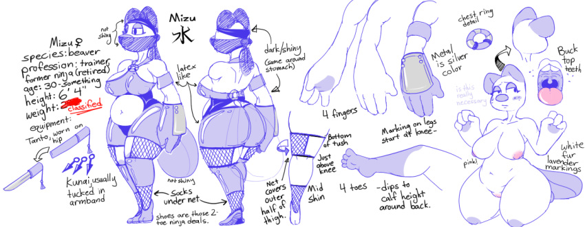 anthro ass beaver clothing female gloves handwear kunai mammal mask measurements mizu_(onetiredbear) model_sheet ninja nude onetiredbear rodent solo text warrior weapon