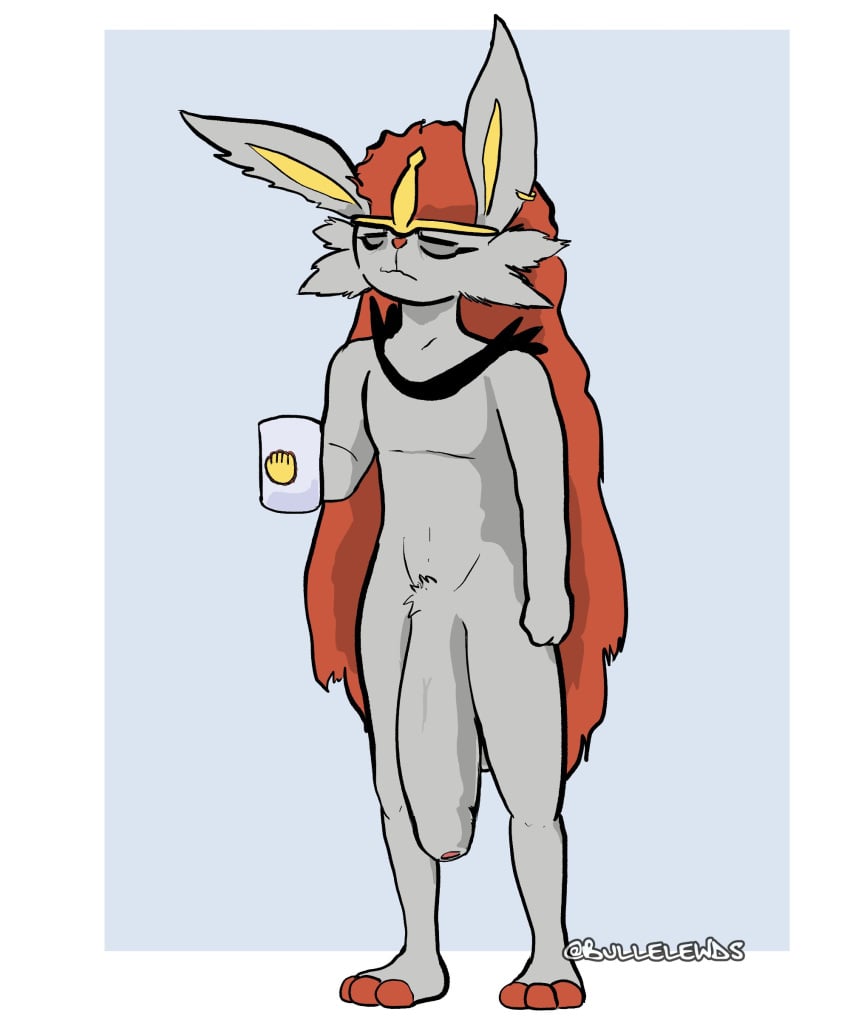 absurd_res anthro big_penis bullelewds cinderace container cup gay generation_8_pokemon genitals grey_body hair hazby_o'neil hi_res male nintendo penis pokemon pokemon_(species) red_hair solo