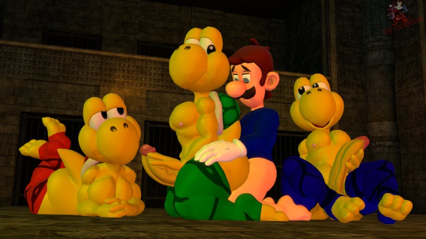 3d 3d_(artwork) 4boys anal anal_sex anthro atc01194 big_penis blue_legwear blue_shirt brown_hair clothing doggy_style erection facial_hair gay gay_sex gloves green_legwear human human_on_anthro interspecies koopa koopa_troopa legwear luigi male male/male mario_(series) moustache nintendo penis penis_in_anus red_legwear sex tail white_gloves yellow_skin