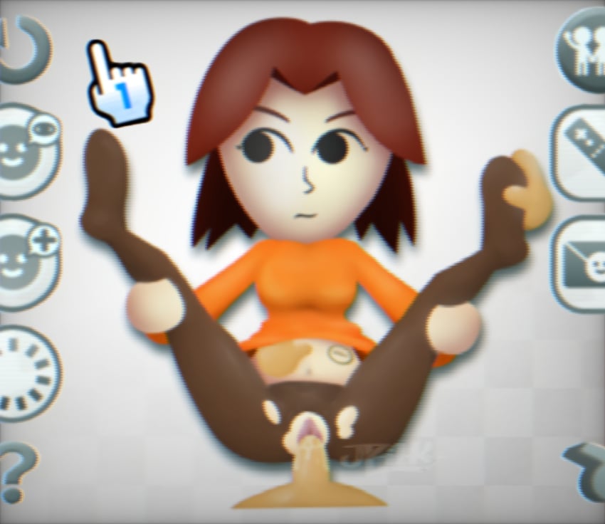 brown_hair crt crt_effect female filter fluids grabbing_belly hud icons jlzi1ky leggings mii mii_channel mob_face nintendo orange_shirt penetration penis pointer pussy pussy_juice ripped_clothing ripped_leggings ripping_clothes shirt spread_legs spreading spreading_legs tv_screen vaginal_penetration wii