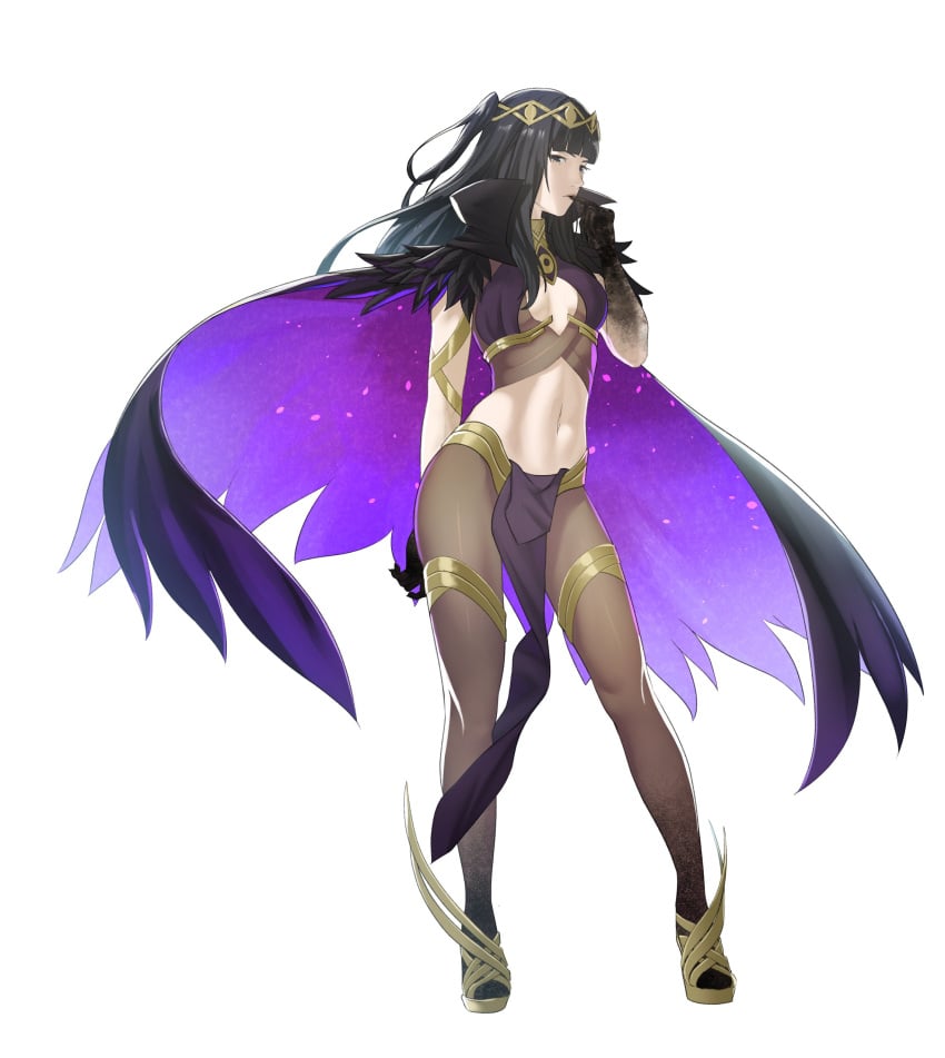 1girls absurdres alternate_costume bangs bare_arms bare_midriff black_eyes black_hair blunt_bangs breasts cape female female_only finger_in_own_mouth fire_emblem fire_emblem_awakening full_body gloves highres long_hair looking_at_viewer midriff navel nintendo pantyhose pelvic_curtain pomelomelon small_breasts solo standing tharja_(fire_emblem) white_background