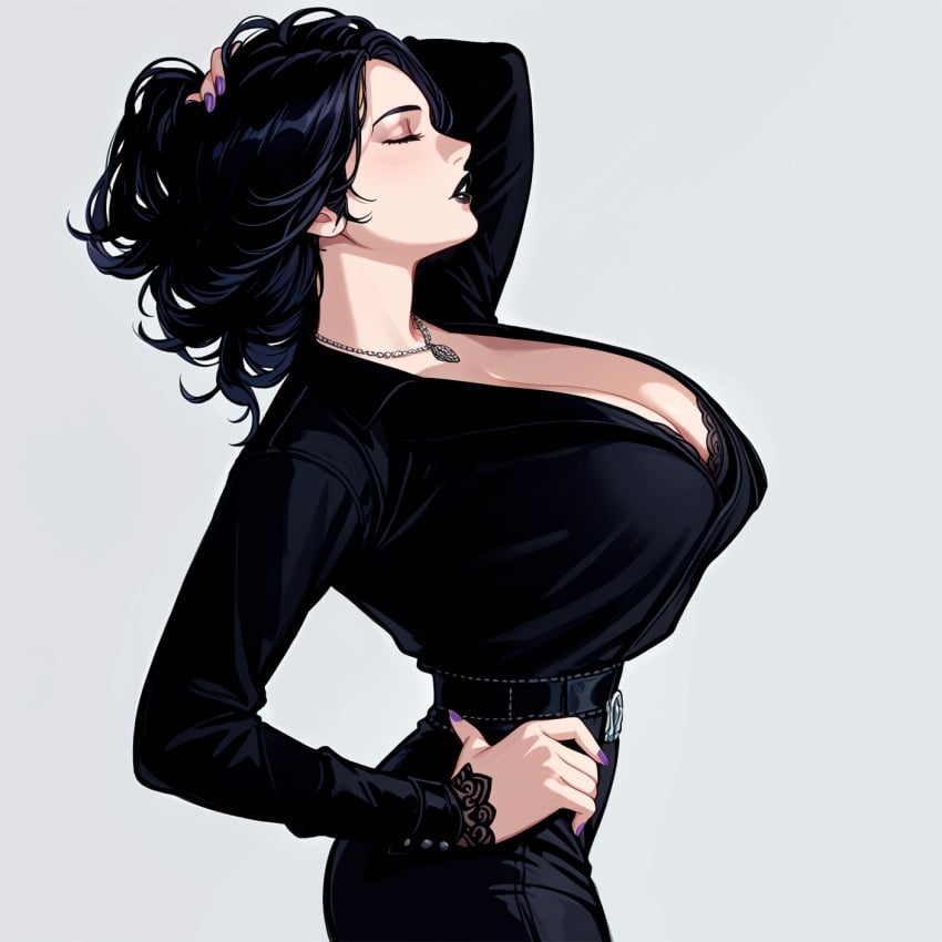 1girls ai_generated big_breasts black_bra black_hair black_lipstick cleavage closed_eyes goth goth_girl jewelry long_hair pornslayer purple_nails solo the_witcher_(series) the_witcher_3:_wild_hunt yennefer