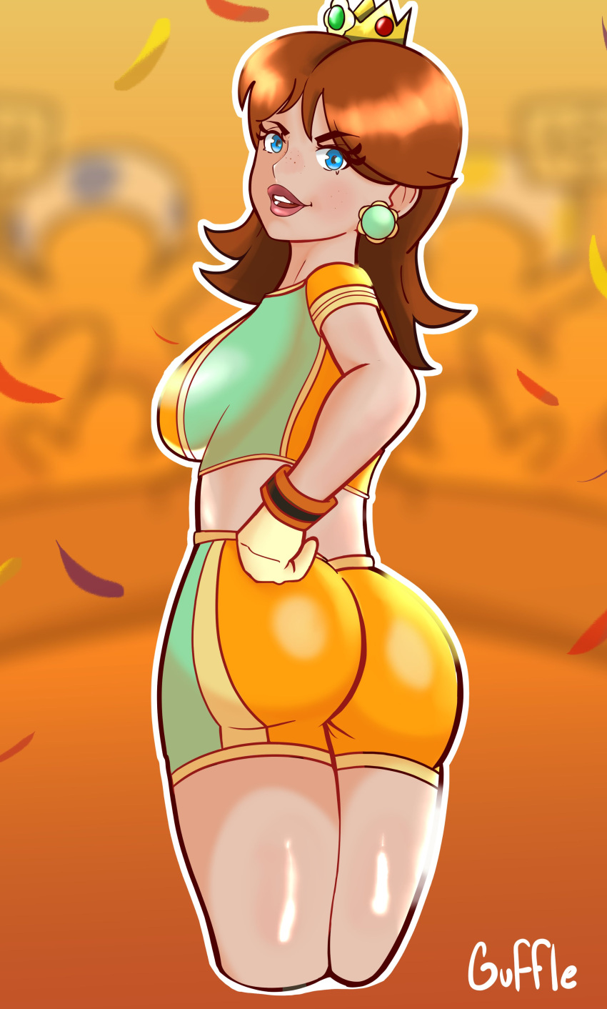 1girls artist_name ass ass_focus big_ass bimbo blue_eyes breasts brown_hair daisy&#039;s_hot_stuff_(trend) fat_ass female female_only gloves hand_on_hip highres large_breasts legs looking_at_viewer looking_back mario_(series) mario_strikers midriff nintendo orange_shorts parted_lips pose posing princess_daisy red_lipstick seductive seductive_look seductive_smile sensual short_hair shorts sideboob smile soccer soccer_uniform solo sportswear thighs voluptuous